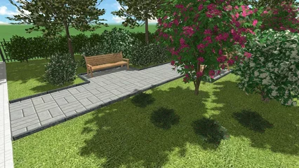 Fotobehang 3D illustration of modern patio landscape design. Computer visualization of urban area improvement. Contrasting composition from a group of plants. Landscape architecture. ©  Vi Min