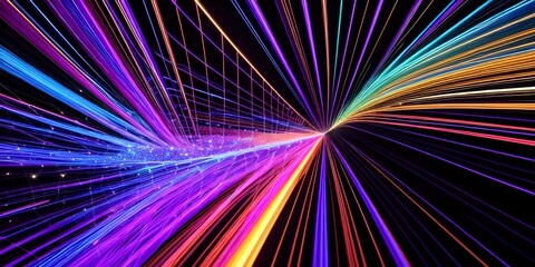 Abstract fiber optic lines with particles colliding, blue pink and orange CGI concept render, AI generated