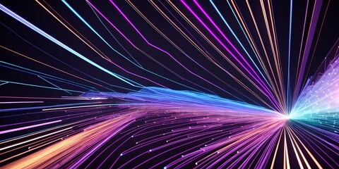 Abstract fiber optic lines with particles colliding, blue pink and orange CGI concept render, AI generated
