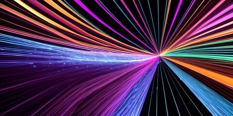Abstract fiber optic lines with particles colliding, blue pink and orange CGI concept render, AI generated
