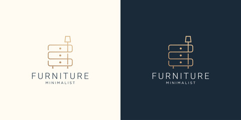 minimalist line furniture Interior logo, furniture gallery logo design house light bulb concept.