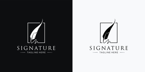 creative feather ink logo with square frame shape. signature quill feather pen inspiration. - obrazy, fototapety, plakaty