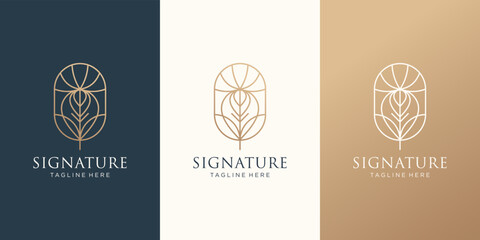 geometric signature quill feather peacock logo design template.feather ink linear art shape design. © ulhaq_std