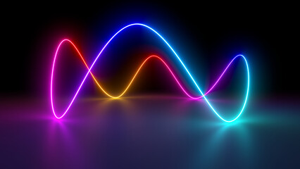 Sci Fy neon glowing wave lines in a dark hall. Reflections on the floor. Empty background in the center. 3d rendering image. Abstract glowing lines. Techology futuristic background.