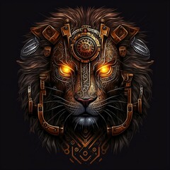 Lion sculpture made of gold and crystal cyberpunk style