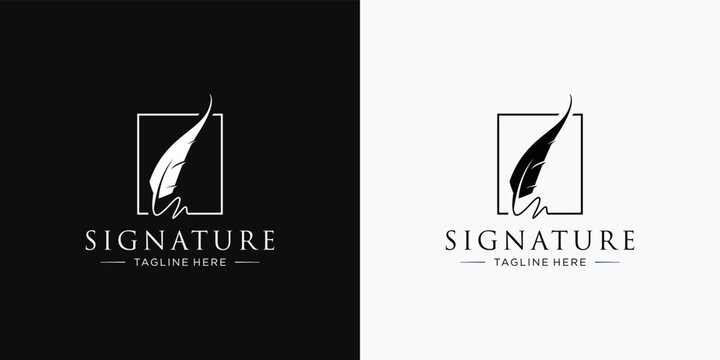 creative feather ink logo with square frame shape. signature quill feather pen inspiration.
