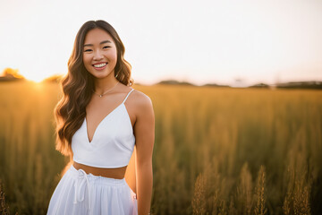 Happy Asian Woman Standing On Field Against Sky During Sunset