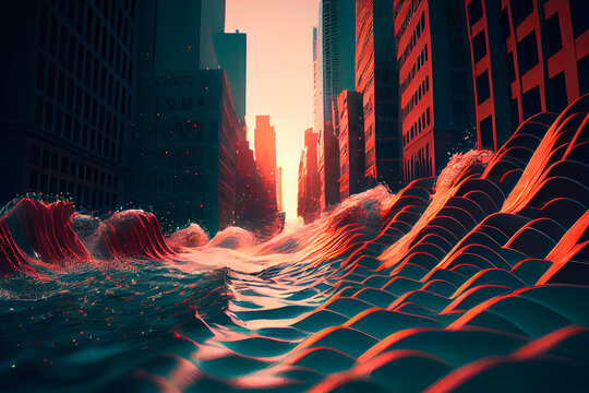 Tsunami Ocean Waves Flood A Modern City With Skyscrapers Due To Climate Change. Ai Generated