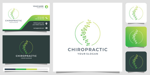 symbol chiropractic logo design. spine logo template with circle frame shape and business card.