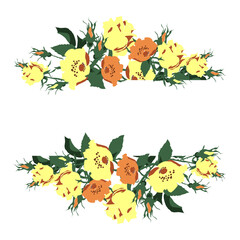 Horizontal composition of yellow rose flowers and rose hips. Natural decorative element
