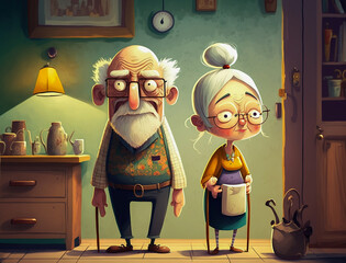 Portrait d'un couple de personnes âgées dan leur maison - Générative IA