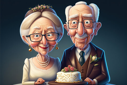 Portrait d'un couple de personnes âgées fêtant leur anniversaire de mariage, homme vieux et vieille femme - Générative IA