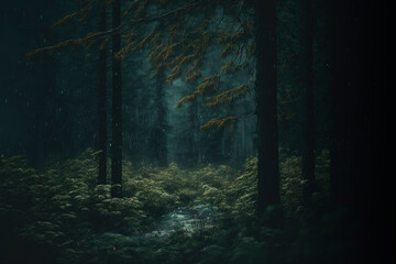 Dark forest rainy aesthetic background, witchcraft magic wallpaper AI Generated