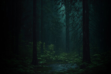 Dark forest rainy aesthetic background, witchcraft magic wallpaper AI Generated