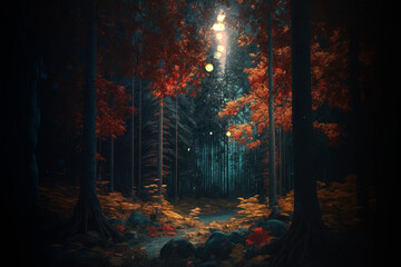 Dark fall forest aesthetic background, witchcraft magic nature wallpaper AI Generated