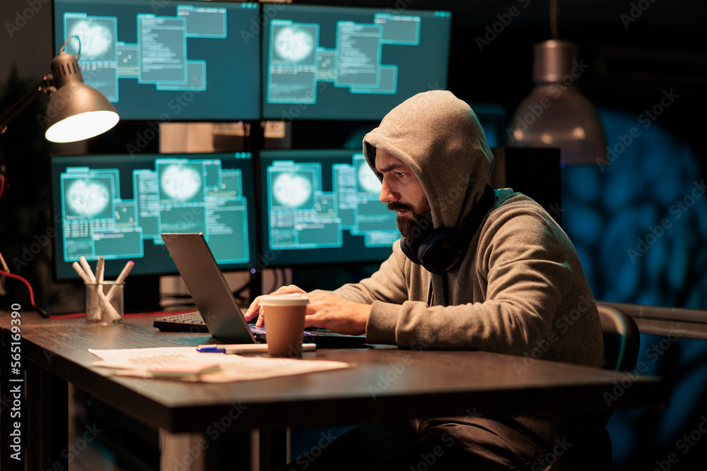 Poster hacker stealing computer information from server, cybercrime threat and security breach on multiple 