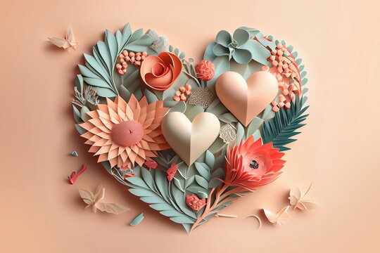 San Valent&iacute;n, d&iacute;a de los enamorados. Composici&oacute;n de flores y corazones en Arte en papel verde con fondo rosa. Generado con tecnolog&iacute;a de IA 