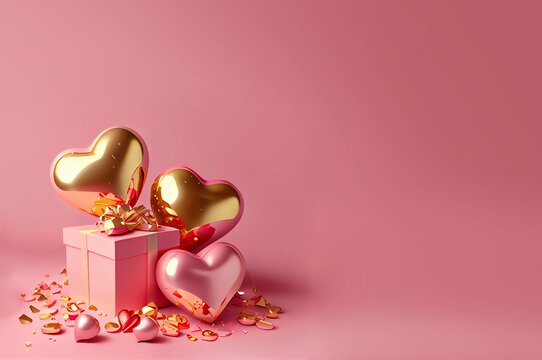 San Valent&iacute;n, d&iacute;a de los enamorados. Fondo rosa con cajas de regalos y globos en forma de coraz&oacute;n dorados con confites. Generado con tecnolog&iacute;a de IA 