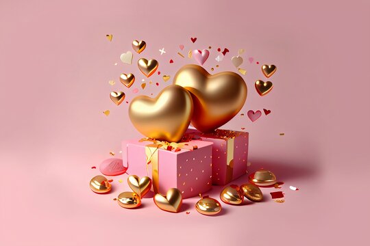 San Valent&iacute;n, d&iacute;a de los enamorados. Cajas de regalos y globos en forma de coraz&oacute;n dorados con confites alrededor. Fondo rosa. Generado con tecnolog&iacute;a de IA 