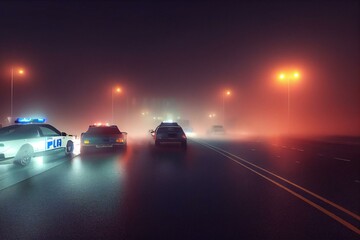 Fototapeta na wymiar Police cars at night. Police car chasing a car at night with fog background. 911 Emergency response police car speeding to scene of crime. Generative AI