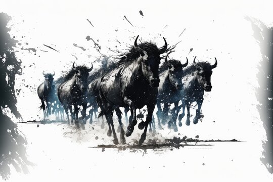 Stampeding African Wildebeest, painting, illustration