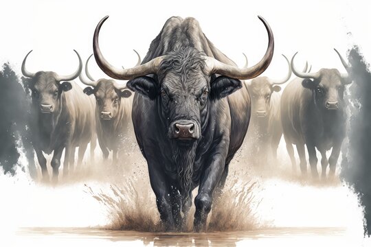 African buffalo herd leader, illustration, painting