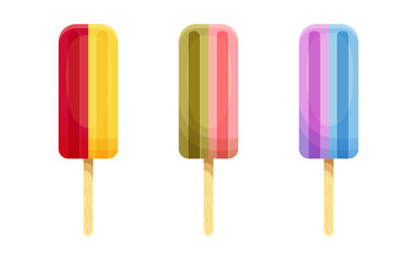 Frozen sweet ice multi-colored on a wooden stick. Food for children in the heat. Vector stock illustration. isolated. Cartoon. Set