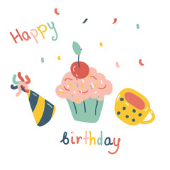 Vector birthday card with cupcake. Collection of mug, hat and cupcake