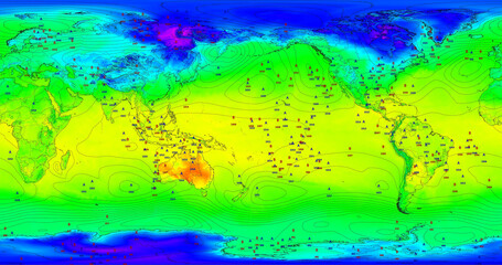 Mapa meteorológico global con centro en el Pacífico, temperaturas y presión atmosférica con etiquetas de nivel. - obrazy, fototapety, plakaty