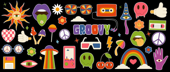 Big set of items 70s. Retro stickers in trendy 70s style. Vector icons: lips,video cassette,heart,daisy,flower, 3d glasses,lollipos,rainbow,smile face,mashrooms.Vector illustration