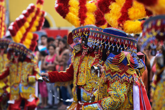 The dance of Los Negritos carnival of Hu&aacute;nuco Peru with masks dates back to colonial times when slaves arrived from Africa-October 2019,