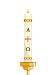 Paschal candle for Easter vigil of Holy Week above golden candlestick - 565172104