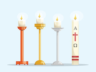 Easter candle and different candlesticks. Wood, gold and silver. Paschal season