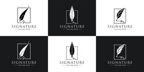 feather ink logo icon set.  symbol signature feather logo with frame square line concept with black and white background.