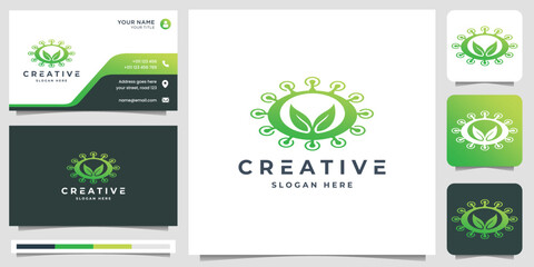 plant technology, logo with circle shape line style circuits design template and business card