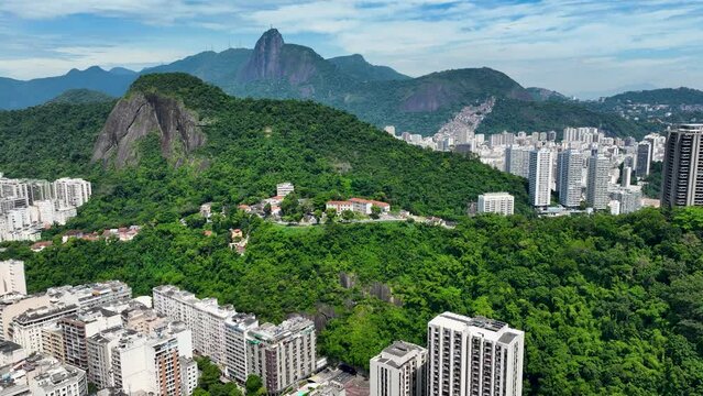 Green Mountains At Downtown District In Rio De Janeiro Brazil. Travel Destinations. Tourism Scenery. Downtown District At Rio De Janeiro Brazil. Summer Travel. Tropical Scenery.