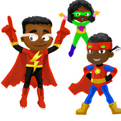African American Super Hero Kid Cartoon, Black Child Hero with Cape and Mask to Save the Day