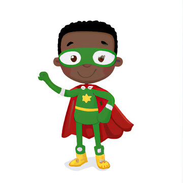 African American Super Hero Kid Cartoon, Black Child Hero with Cape and Mask to Save the Day
