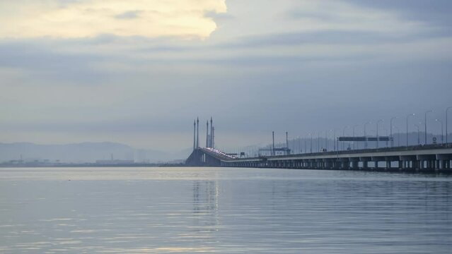 Morning view misty weather at Penang Bridge. Timelapse morning cloud