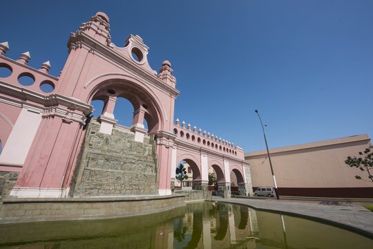 historical,water promenade built in the year 1770 by viceroy manuel amat y juniet "paseo de aguas" with a colonial arch gardens and water fountain in rimac lima peru