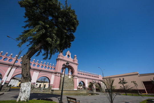 historical,water promenade built in the year 1770 by viceroy manuel amat y juniet "paseo de aguas" with a colonial arch gardens and water fountain in rimac lima peru