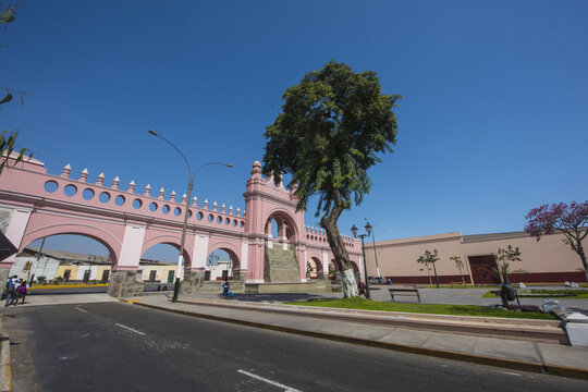 historical,water promenade built in the year 1770 by viceroy manuel amat y juniet "paseo de aguas" with a colonial arch gardens and water fountain in rimac lima peru