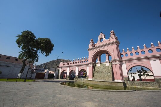 historical,water promenade built in the year 1770 by viceroy manuel amat y juniet "paseo de aguas" with a colonial arch gardens and water fountain in rimac lima peru