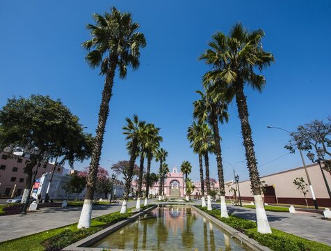 historical,water promenade built in the year 1770 by viceroy manuel amat y juniet "paseo de aguas" with a colonial arch gardens and water fountain in rimac lima peru