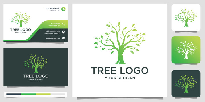 Tree logo vector icon. Nature trees vector illustration logo design with business card template.
