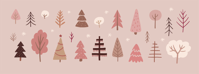 Cute winter trees, vector boho isolated illustration of trees, leaves, fir trees, New Year and Christmas elements of nature to create a landscape.