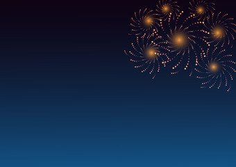 Orange fireworks with holiday celebration symbols on the right of the blue and black color background, empty space for display logo and content, creative design vector illustration.