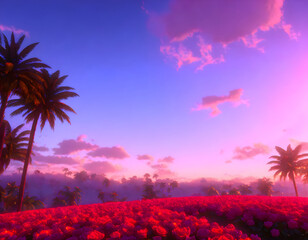 Fototapeta na wymiar sunset over the field of red flowers, palm tree background , landscape created with ai technology