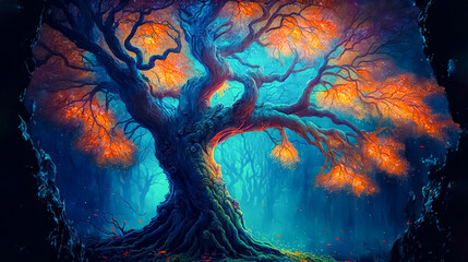 Fairy tree, old magical tree with big branches and orange leaves. Mystical forest, digital art, generative ai - obrazy, fototapety, plakaty