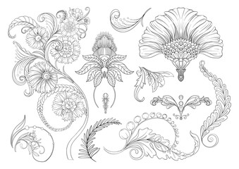 Decorative flowers and leaves in art nouveau style, vintage, old, retro style. Vector illustration. Clip art, set of elements for design